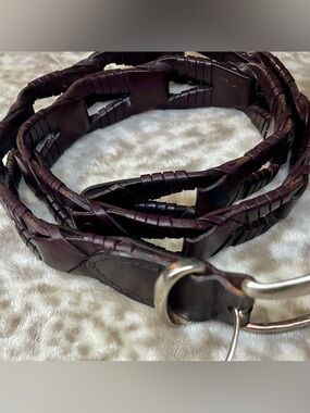 VINTAGE LIMITED SZ M OPEN WORK WOVEN BROWN LEATHER SILVER TONE BUCKLE LOOP BELT